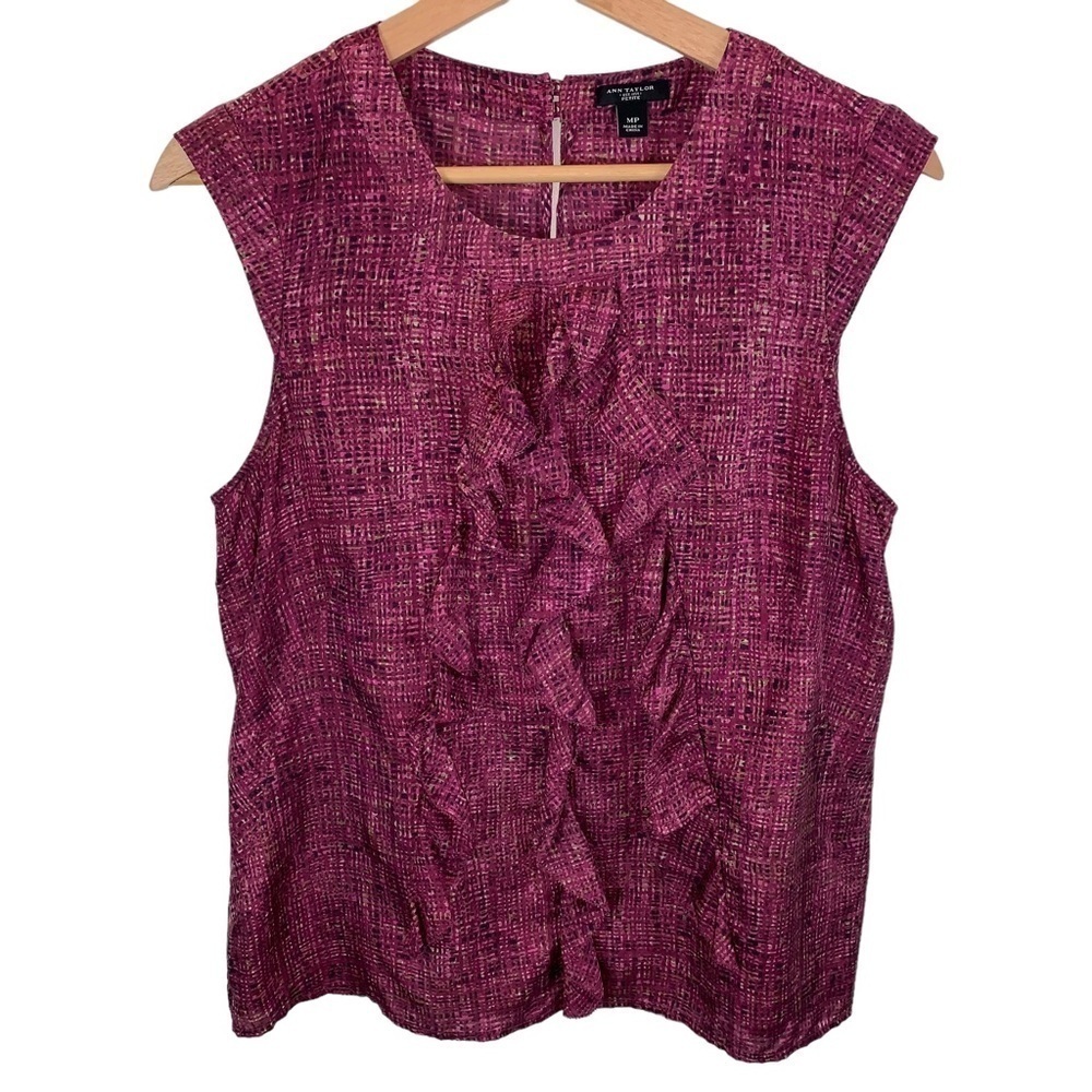Ann Taylor sz MP Purple Pink Silk Ruffled Cap Sleeve Tank Top Shell Blouse